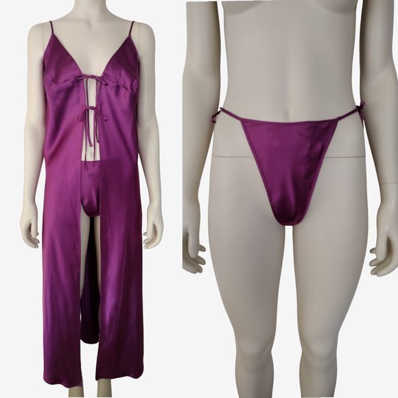 Vintage 90s Fredericks of Hollywood Purple Satin Robe and G String Panty - Picture 1 of 16